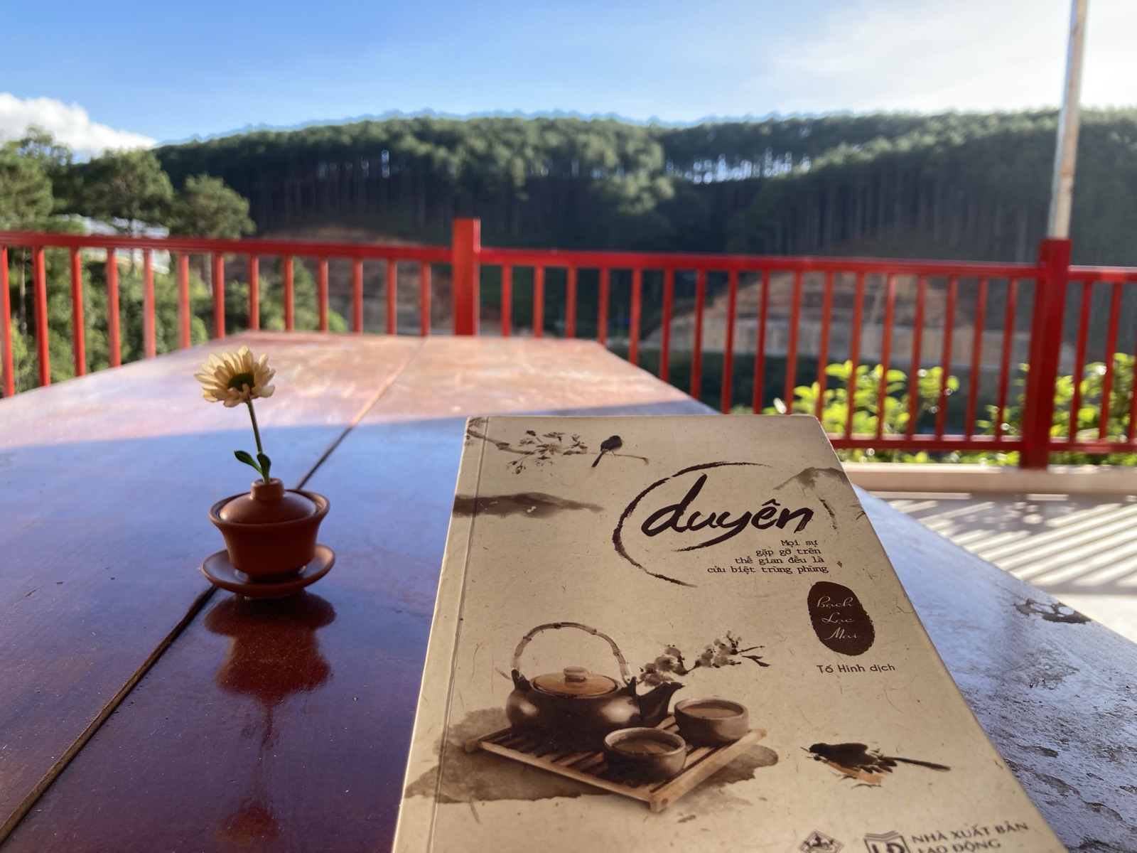 Sách và bình hoa trên bàn ban công view đồi